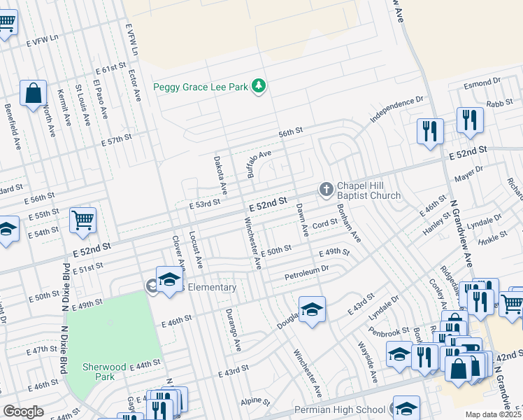 map of restaurants, bars, coffee shops, grocery stores, and more near 1616 East 52nd Street in Odessa