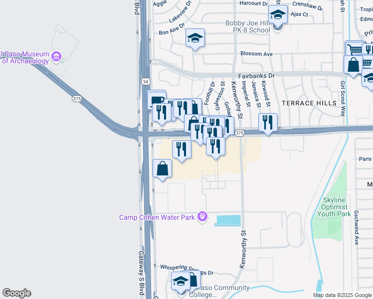 map of restaurants, bars, coffee shops, grocery stores, and more near 4540 Woodrow Bean Transmountain in El Paso