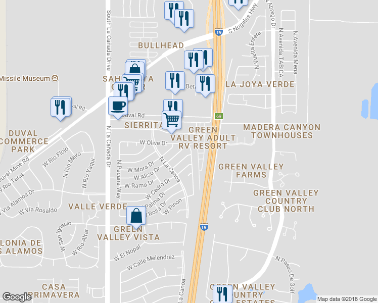 map of restaurants, bars, coffee shops, grocery stores, and more near 1851 North Vía Frondosa in Green Valley