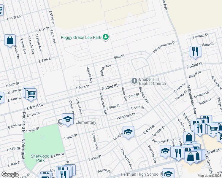 map of restaurants, bars, coffee shops, grocery stores, and more near 1616 East 52nd Street in Odessa