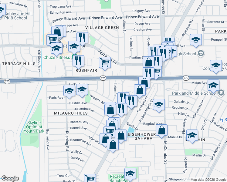 map of restaurants, bars, coffee shops, grocery stores, and more near 9921 Eloice Road in El Paso