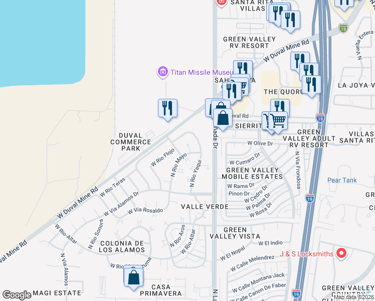 map of restaurants, bars, coffee shops, grocery stores, and more near 1861 North Vía Carrizal in Green Valley