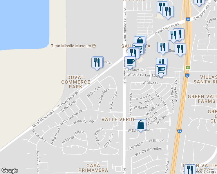 map of restaurants, bars, coffee shops, grocery stores, and more near 1861 North Vía Carrizal in Green Valley
