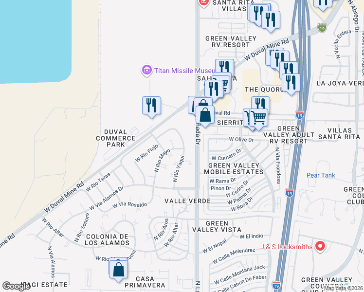 map of restaurants, bars, coffee shops, grocery stores, and more near 1861 West Rio Sinaloa in Green Valley
