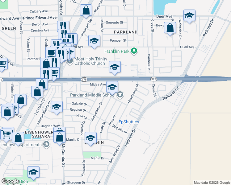 map of restaurants, bars, coffee shops, grocery stores, and more near 6045 Nova Way in El Paso