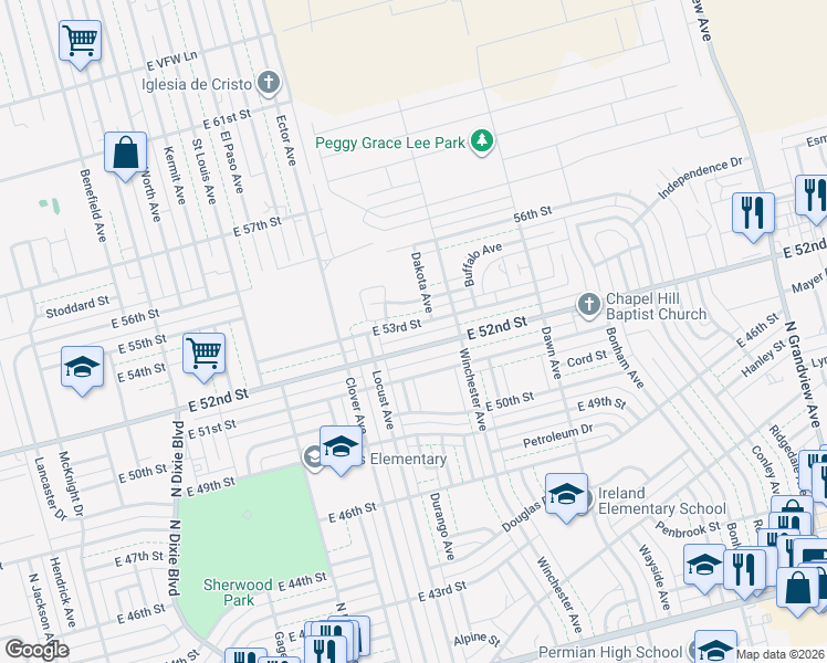 map of restaurants, bars, coffee shops, grocery stores, and more near 1720 East 53rd Street in Odessa