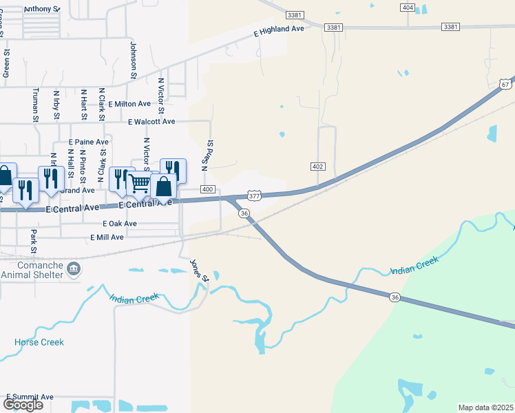 map of restaurants, bars, coffee shops, grocery stores, and more near 7665 U.S. 377 in Comanche