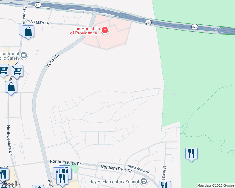 map of restaurants, bars, coffee shops, grocery stores, and more near E P N G Pipeline Rd in El Paso