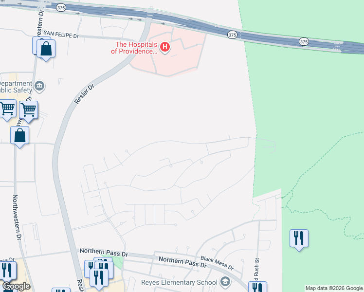 map of restaurants, bars, coffee shops, grocery stores, and more near E P N G Pipeline Rd in El Paso