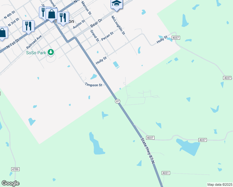 map of restaurants, bars, coffee shops, grocery stores, and more near 218 Ross Graves Highway 87 North in Timpson