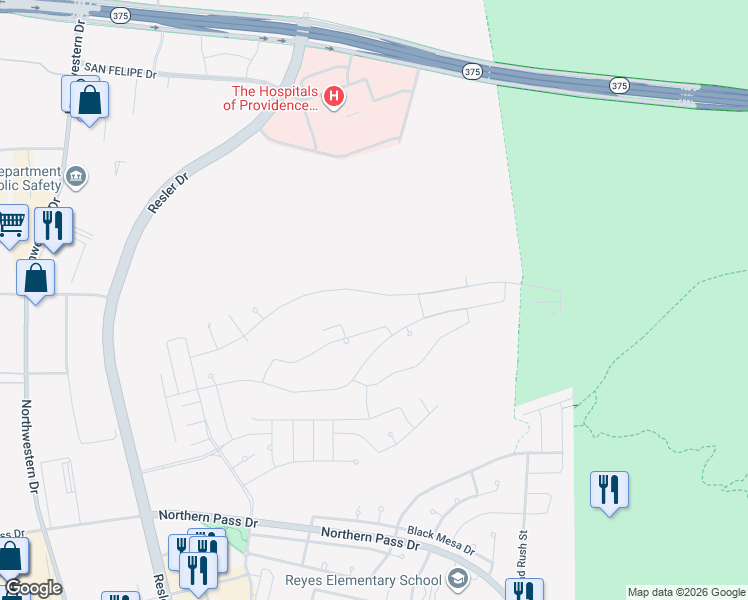 map of restaurants, bars, coffee shops, grocery stores, and more near E P N G Pipeline Rd in El Paso