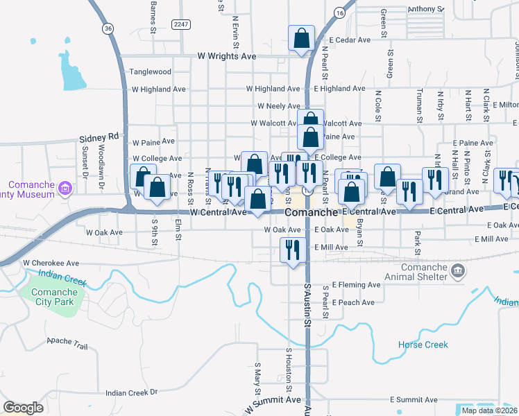 map of restaurants, bars, coffee shops, grocery stores, and more near 303 West Central Avenue in Comanche