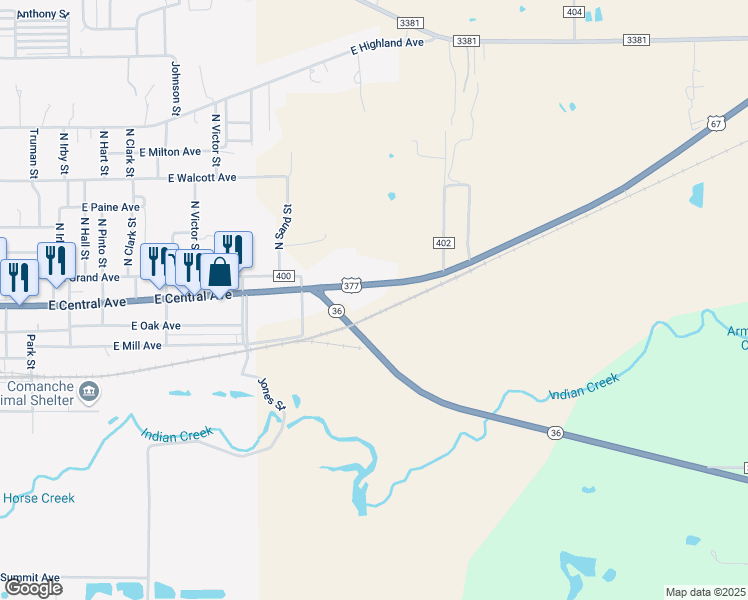 map of restaurants, bars, coffee shops, grocery stores, and more near 7665 U.S. 377 in Comanche