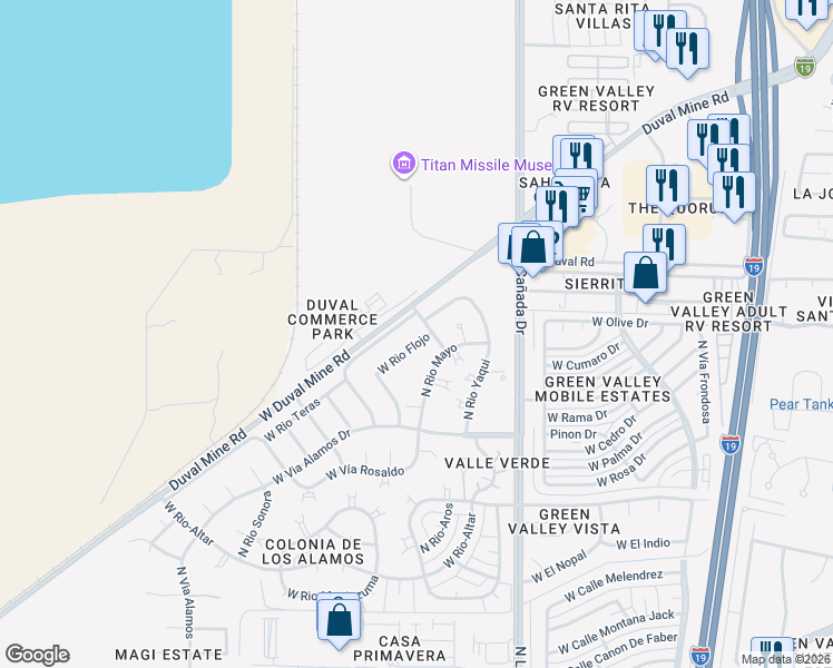 map of restaurants, bars, coffee shops, grocery stores, and more near 461 West Rio Flojo in Green Valley