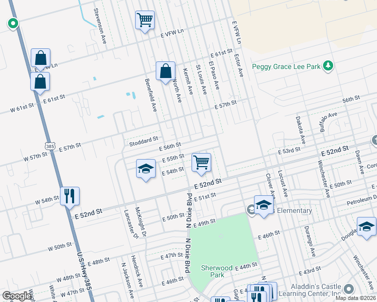 map of restaurants, bars, coffee shops, grocery stores, and more near 1105-1107 E 55th St in Odessa