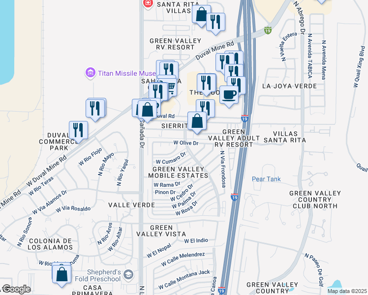 map of restaurants, bars, coffee shops, grocery stores, and more near 1815 North La Canoa in Green Valley