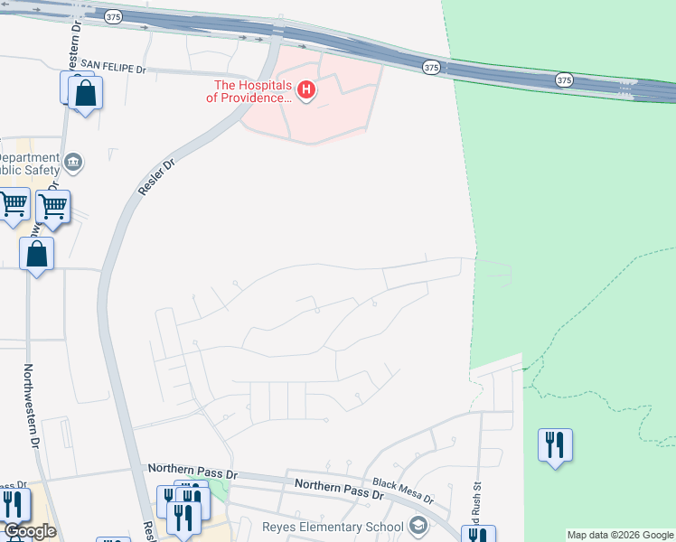 map of restaurants, bars, coffee shops, grocery stores, and more near E P N G Pipeline Rd in El Paso