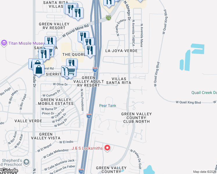 map of restaurants, bars, coffee shops, grocery stores, and more near 108 East Camino De Diana in Green Valley