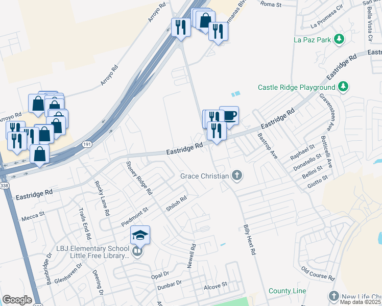 map of restaurants, bars, coffee shops, grocery stores, and more near 6840 Eastridge Road in Odessa
