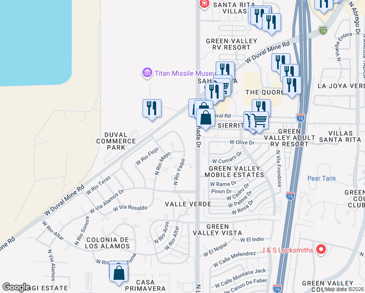 map of restaurants, bars, coffee shops, grocery stores, and more near 1861 West Rio Sinaloa in Green Valley