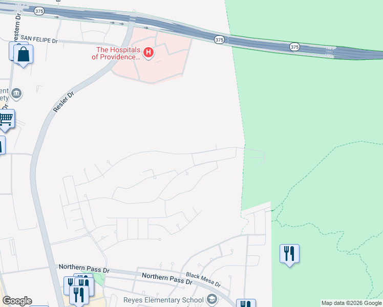 map of restaurants, bars, coffee shops, grocery stores, and more near Unnamed Road in El Paso