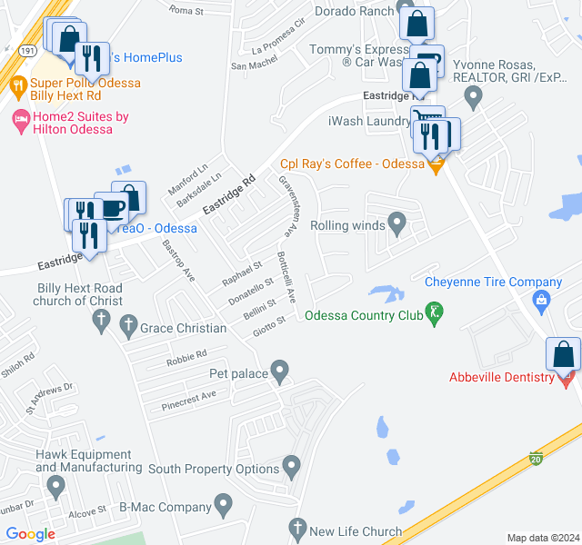 map of restaurants, bars, coffee shops, grocery stores, and more near 3022 Botticelli Avenue in Odessa