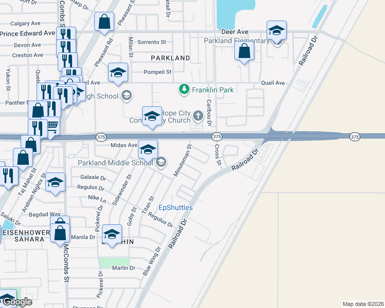 map of restaurants, bars, coffee shops, grocery stores, and more near 6000 Belladonna Circle in El Paso