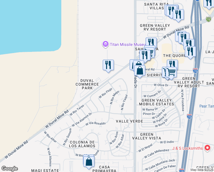 map of restaurants, bars, coffee shops, grocery stores, and more near 461 West Rio Flojo in Green Valley