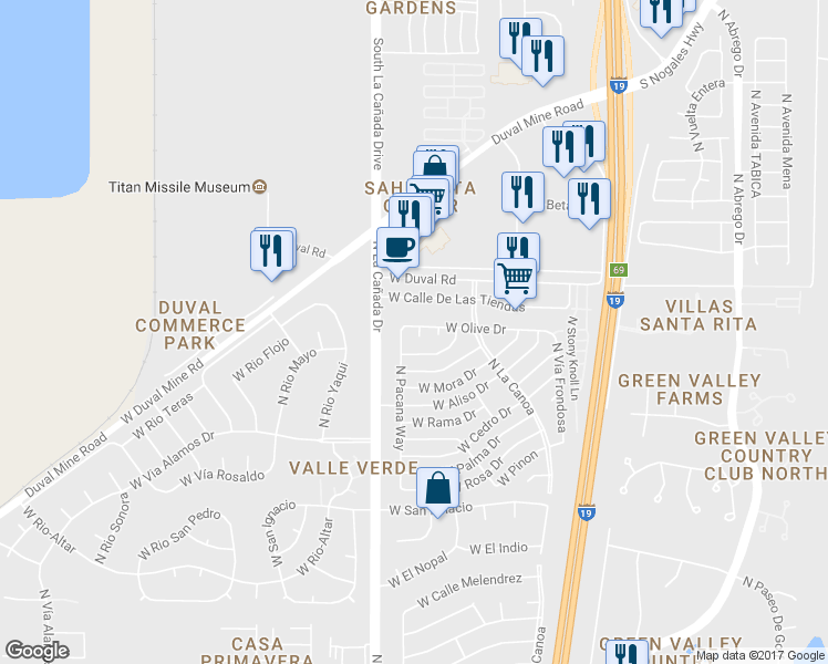 map of restaurants, bars, coffee shops, grocery stores, and more near 275 West Olive Drive in Green Valley