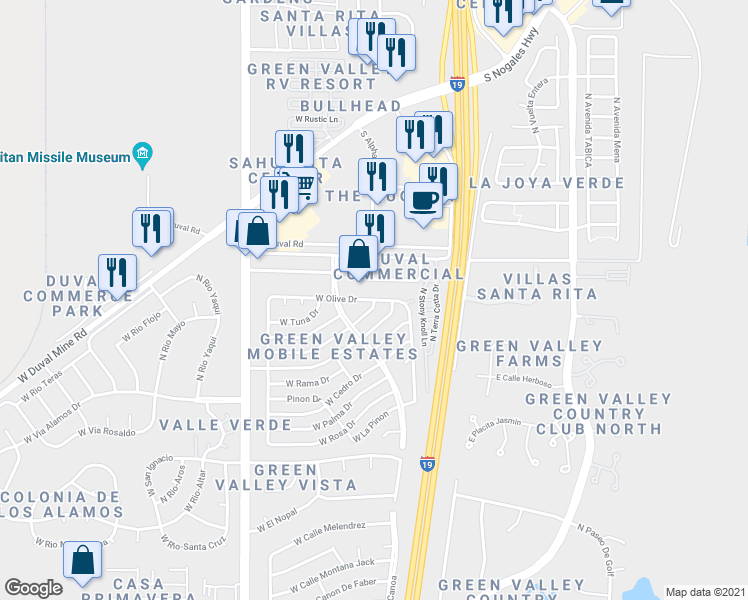 map of restaurants, bars, coffee shops, grocery stores, and more near 101 West Olive Drive in Green Valley