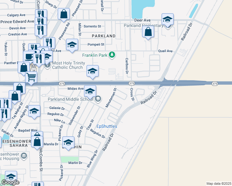 map of restaurants, bars, coffee shops, grocery stores, and more near 6000 Belladonna Circle in El Paso