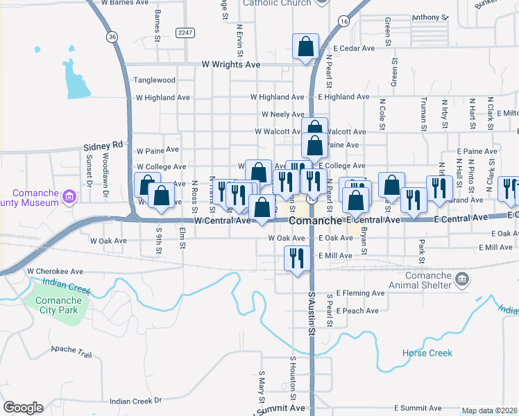 map of restaurants, bars, coffee shops, grocery stores, and more near 303 West Central Avenue in Comanche