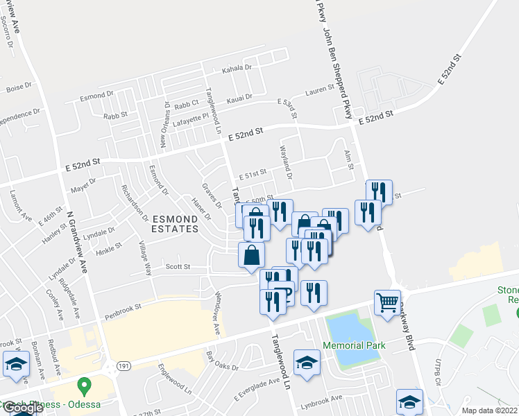 map of restaurants, bars, coffee shops, grocery stores, and more near 4100 East 50th Street in Odessa
