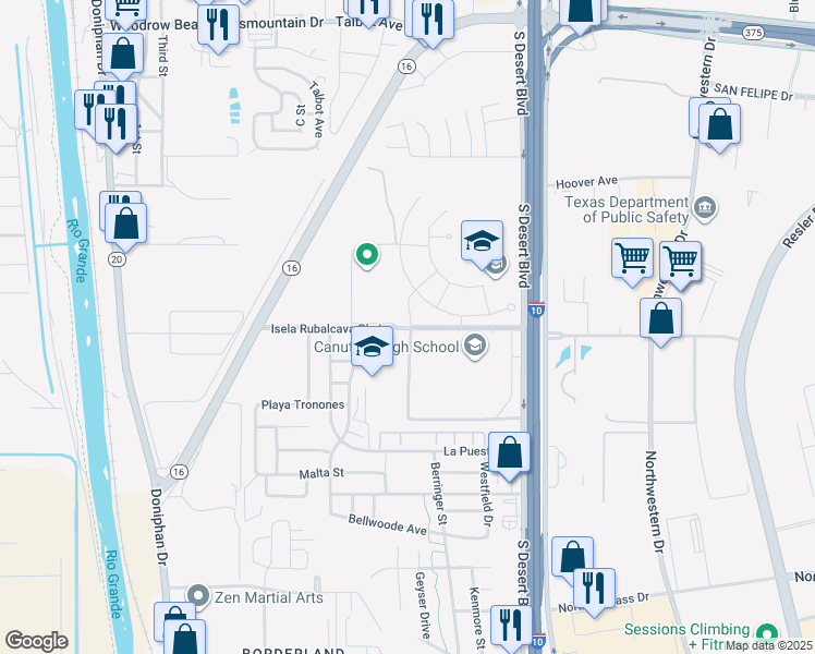 map of restaurants, bars, coffee shops, grocery stores, and more near 6675 South Desert Boulevard in El Paso