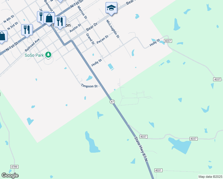 map of restaurants, bars, coffee shops, grocery stores, and more near 218 Ross Graves Highway 87 North in Timpson