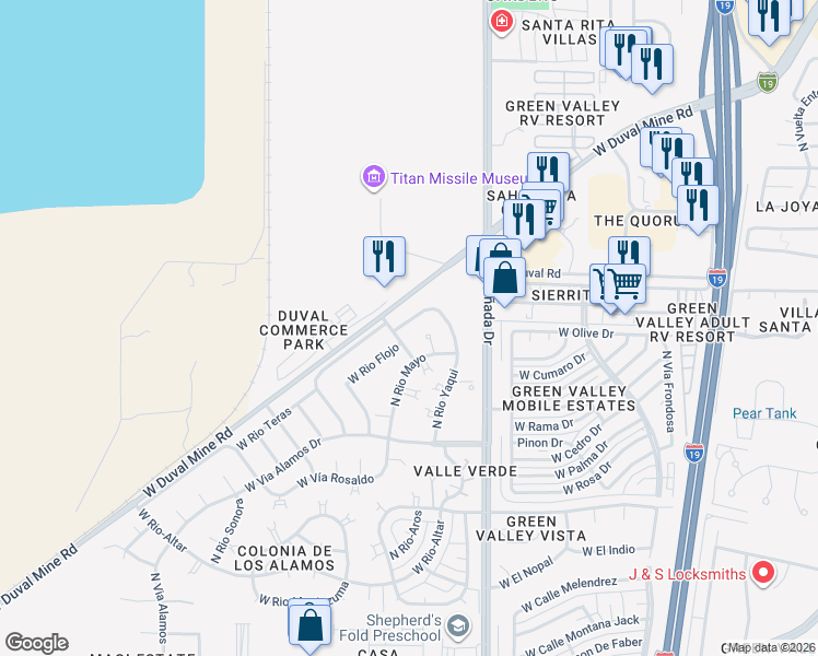 map of restaurants, bars, coffee shops, grocery stores, and more near 461 West Rio Flojo in Green Valley