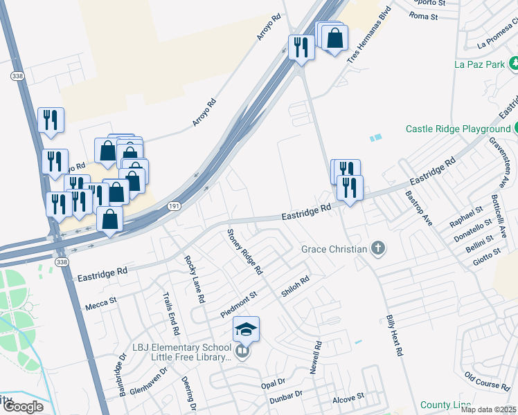 map of restaurants, bars, coffee shops, grocery stores, and more near 6701 Eastridge Road in Odessa