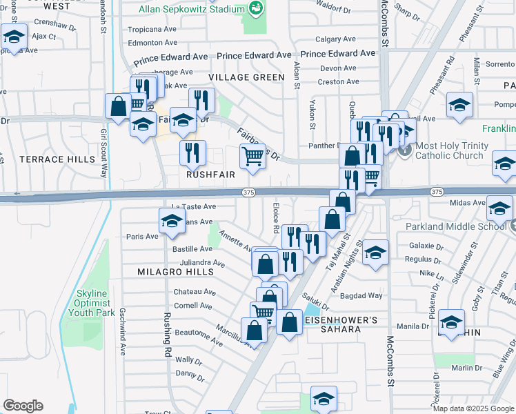 map of restaurants, bars, coffee shops, grocery stores, and more near 9940 Bourbon Street in El Paso