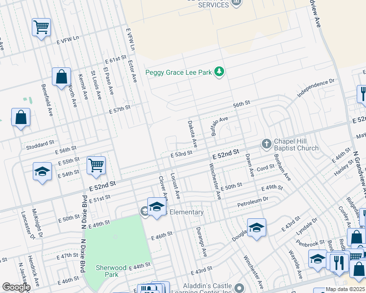 map of restaurants, bars, coffee shops, grocery stores, and more near 1627 Doe Lane in Odessa