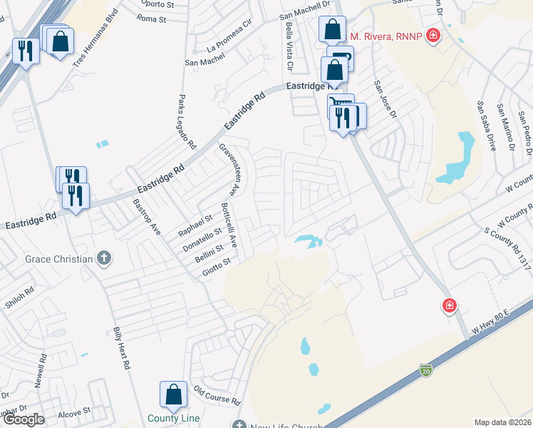 map of restaurants, bars, coffee shops, grocery stores, and more near 7605 Oxwich Street in Odessa