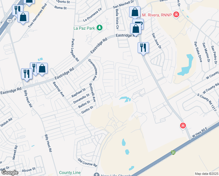 map of restaurants, bars, coffee shops, grocery stores, and more near 7605 Oxwich Street in Odessa