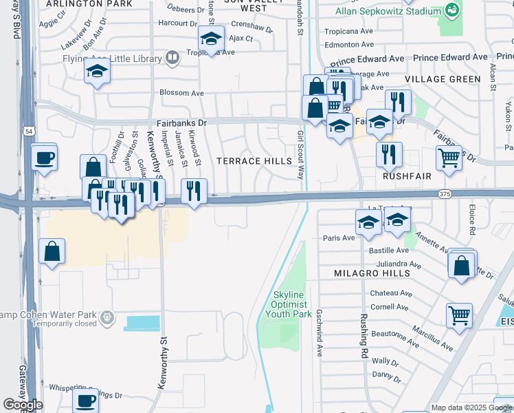 map of restaurants, bars, coffee shops, grocery stores, and more near 5000 Woodrow Bean Transmountain in El Paso