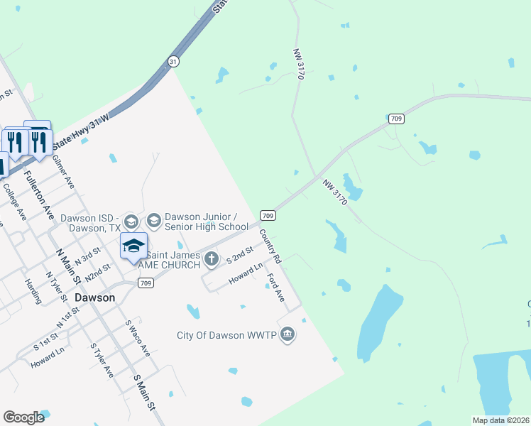 map of restaurants, bars, coffee shops, grocery stores, and more near 500 Farm to Market 709 in Dawson