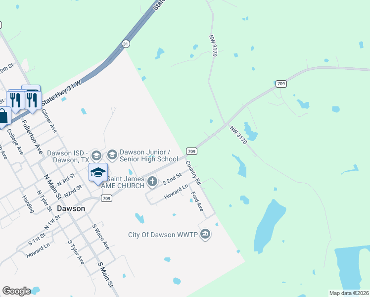 map of restaurants, bars, coffee shops, grocery stores, and more near 500 Farm to Market 709 in Dawson