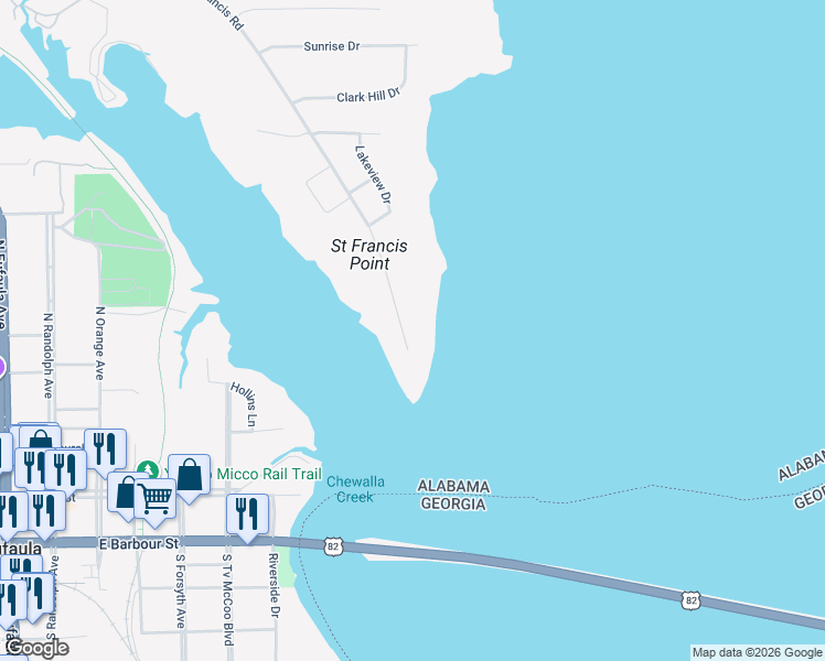 map of restaurants, bars, coffee shops, grocery stores, and more near 509 Saint Francis Road in Eufaula