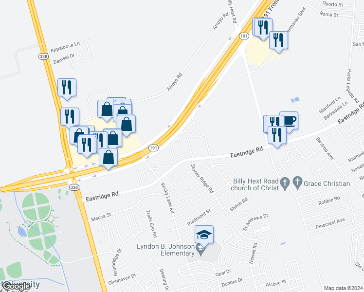 map of restaurants, bars, coffee shops, grocery stores, and more near 6501 Eastridge Road in Odessa