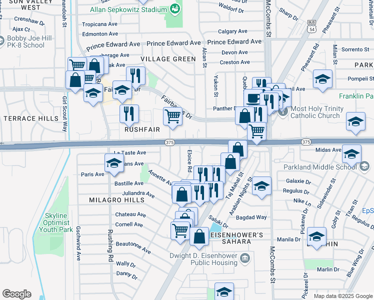 map of restaurants, bars, coffee shops, grocery stores, and more near 9940 Bourbon Street in El Paso