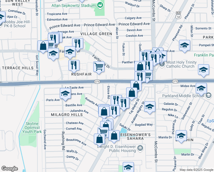 map of restaurants, bars, coffee shops, grocery stores, and more near 9940 Bourbon Street in El Paso