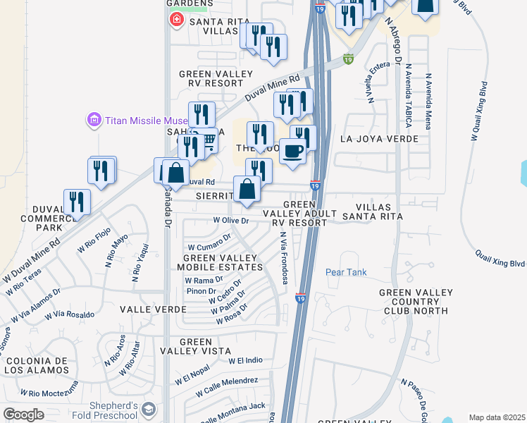 map of restaurants, bars, coffee shops, grocery stores, and more near in Green Valley