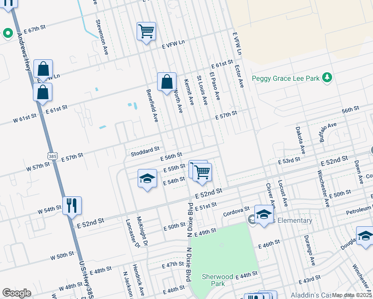 map of restaurants, bars, coffee shops, grocery stores, and more near 5600 Fort Worth Avenue in Odessa